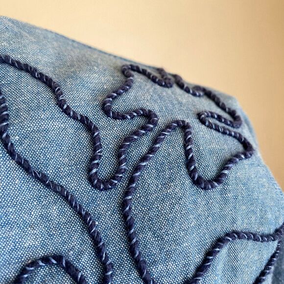 Vintage Via Sant Andrea 90s L Button Back Blouse Blue Denim Floral Embroidery - Picture 6 of 10